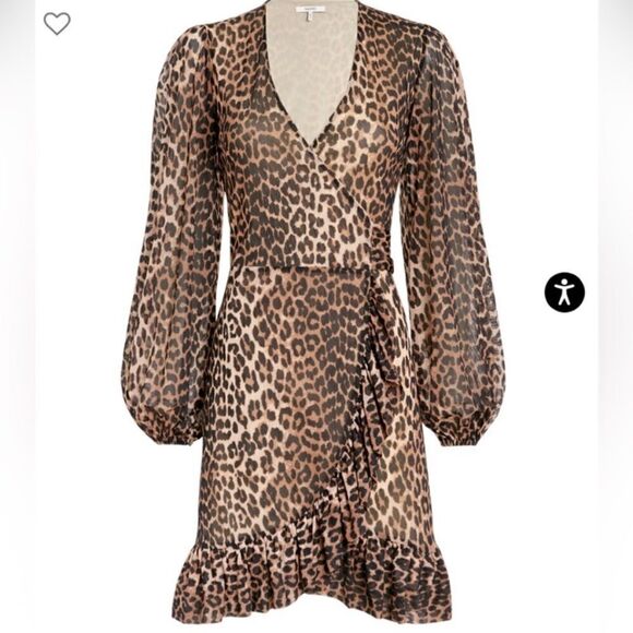 Ganni Mini Black Brown Dress Leopard Print Blouse Long Sleeve Wrap Size S - Picture 10 of 15